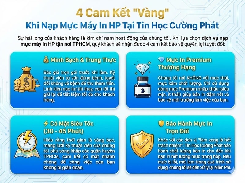 4 cam kết vàng khi nạp mực máy in HP tại Tin Học Cường Phát: Minh bạch, Mực Premium, Có mặt siêu tốc và Bảo hành trọn đời.