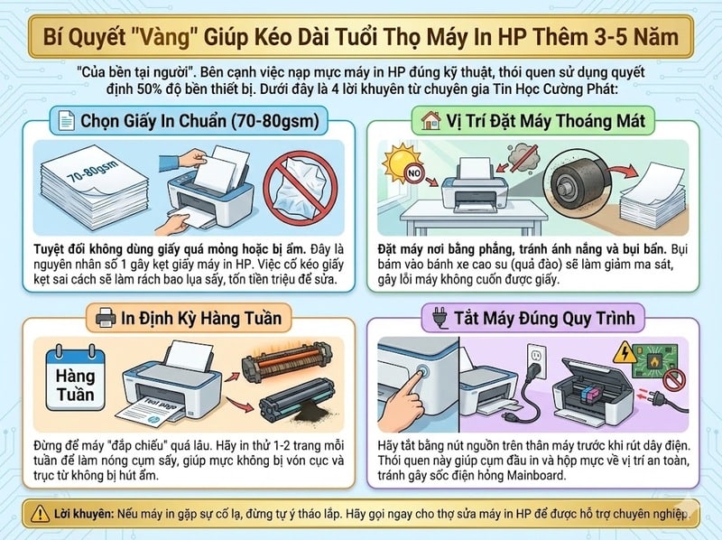 4 bí quyết vàng giúp kéo dài tuổi thọ máy in HP: Chọn giấy in chuẩn, đặt máy thoáng mát, in định kỳ và tắt máy đúng quy trình.