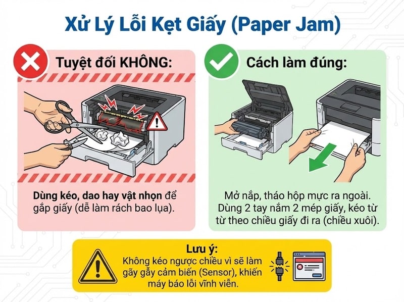 Hướng dẫn cách lấy giấy bị kẹt trong máy in Canon an toàn: kéo xuôi chiều giấy ra, tuyệt đối không dùng kéo hoặc vật nhọn làm rách bao lụa.
