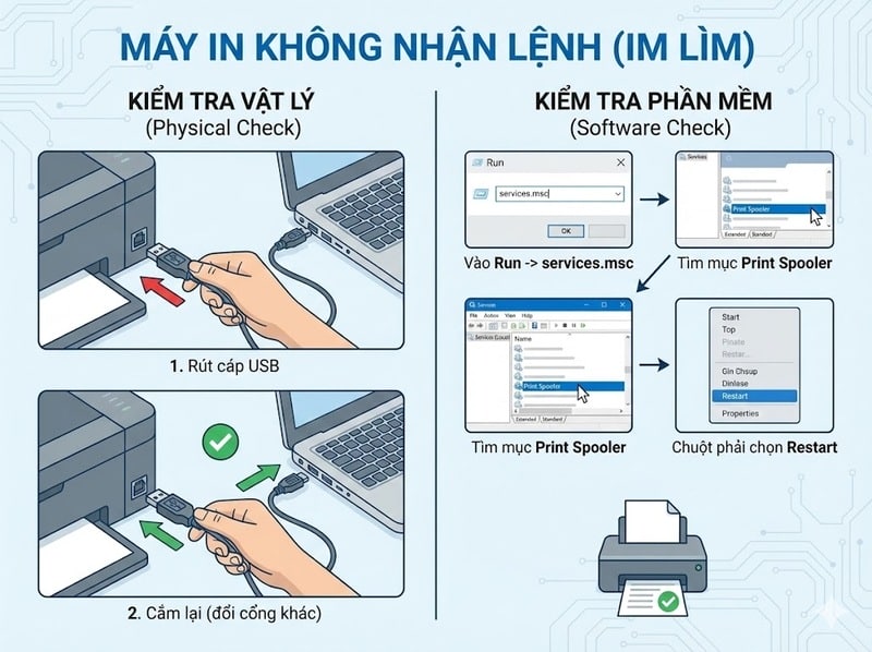 Hướng dẫn sửa lỗi máy in không nhận lệnh (im lìm): Kiểm tra cáp USB vật lý và Restart dịch vụ Print Spooler trên máy tính.