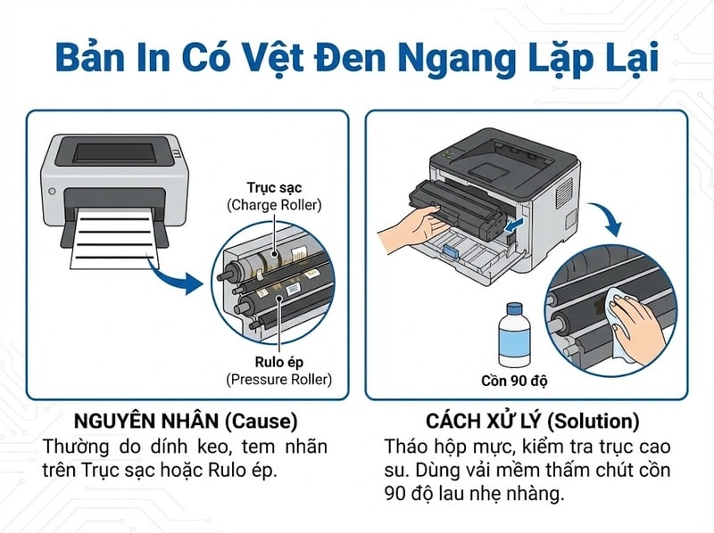 Nguyên nhân và cách xử lý lỗi bản in có vệt đen ngang lặp lại do dính keo trên trục sạc hoặc Rulo ép