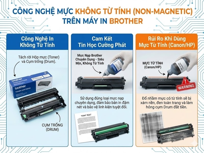 So sánh mực nạp Brother không từ tính (Non-magnetic) và rủi ro khi đổ nhầm mực Canon HP có từ tính.