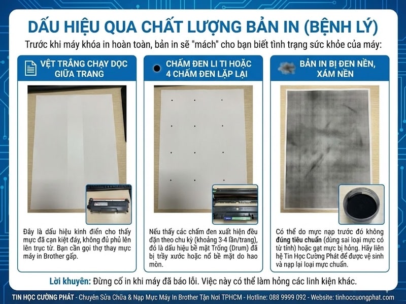 Các dấu hiệu nhận biết máy in Brother bị lỗi: vệt trắng dọc (hết mực), chấm đen lặp lại (hỏng Drum) và đen nền.