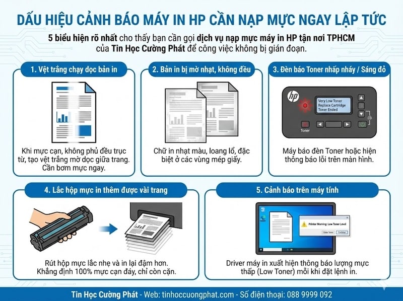 5 dấu hiệu cảnh báo máy in HP cần nạp mực ngay lập tức: Vệt trắng dọc, bản in mờ, đèn báo Toner nhấp nháy, cảnh báo Low Toner.