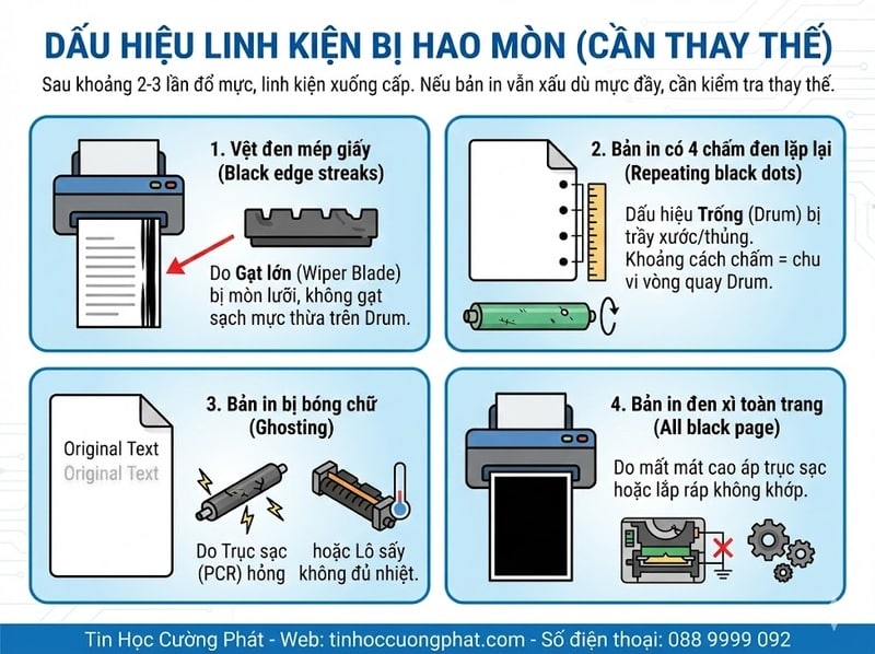 Các dấu hiệu linh kiện máy in bị hỏng cần thay thế: vệt đen mép giấy (hỏng gạt), chấm đen lặp lại (hỏng trống), bóng chữ (hỏng trục sạc), đen xì toàn trang.