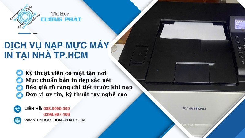 Banner dịch vụ nạp mực máy in tại nhà TPHCM uy tín của Tin Học Cường Phát. Kỹ thuật viên có mặt tận nơi, mực chuẩn bản in đẹp sắc nét.