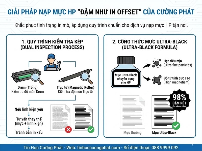 Giải pháp nạp mực HP đậm như in Offset: Sử dụng công thức mực Ultra-Black siêu mịn và quy trình kiểm tra kép Drum/Trục từ.