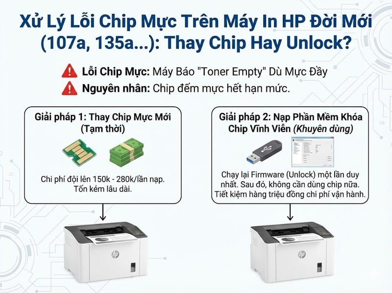 Giải pháp xử lý lỗi chip mực trên máy in HP đời mới (107a, 135a): So sánh giữa Thay chip mực mới và Nạp phần mềm khóa chip vĩnh viễn.