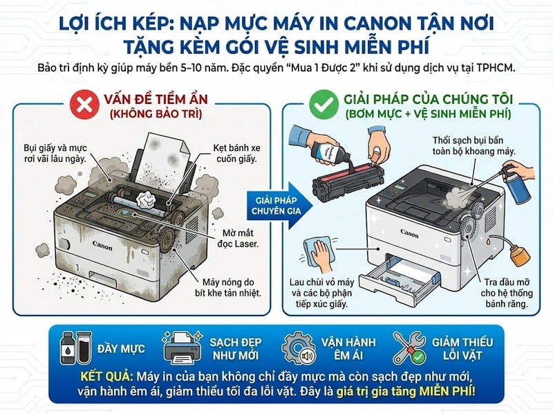 Lợi ích kép khi nạp mực máy in Canon tận nơi tại TPHCM: Được tặng kèm gói vệ sinh, thổi bụi máy in miễn phí giúp máy vận hành êm ái, bền bỉ.