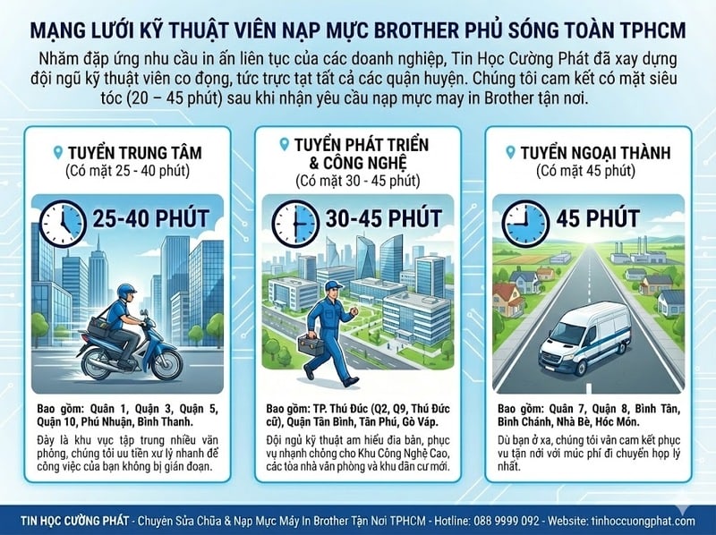 Bản đồ mạng lưới kỹ thuật viên nạp mực máy in Brother phủ sóng các quận TPHCM, cam kết có mặt siêu tốc từ 20-45 phút.