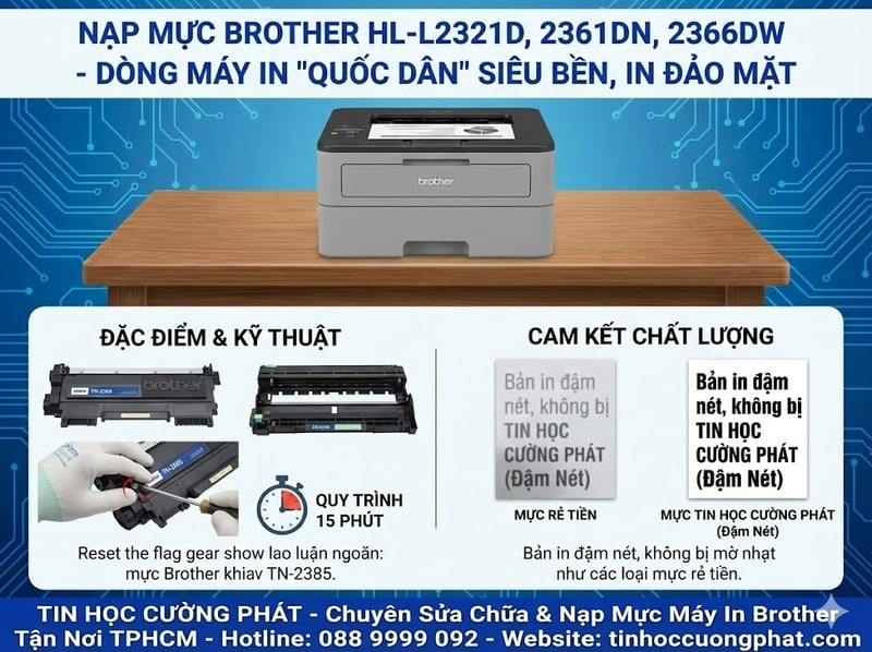 Dịch vụ nạp mực máy in Brother HL-L2321D tận nơi TPHCM, cam kết reset nhông chuẩn kỹ thuật và bản in đậm nét - Tin Học Cường Phát.