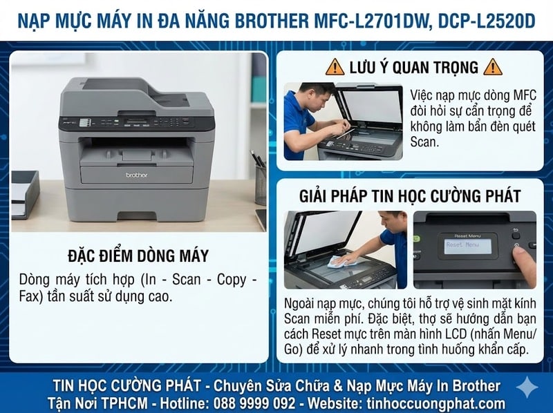 Nạp mực máy in đa năng Brother MFC-L2701DW và vệ sinh đèn Scan miễn phí tại Tin Học Cường Phát.