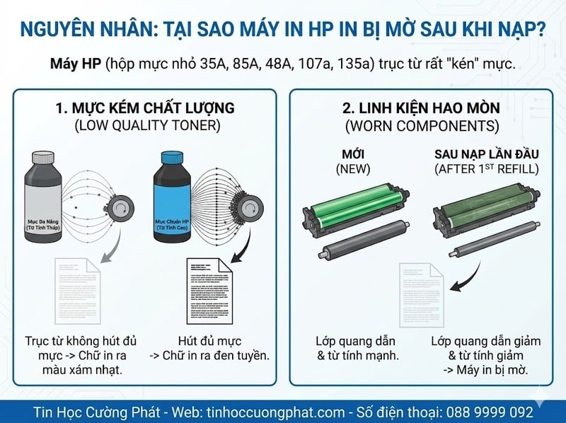 nguyên nhân máy in HP in bị mờ sau khi nạp: Do mực kém chất lượng từ tính thấp hoặc linh kiện (Drum, Trục từ) bị hao mòn