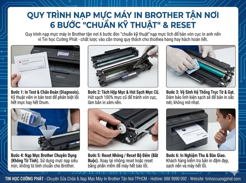 Quy trình nạp mực máy in Brother 6 bước chuẩn kỹ thuật: vệ sinh, hút mực cũ và reset bộ đếm của Tin Học Cường Phát.