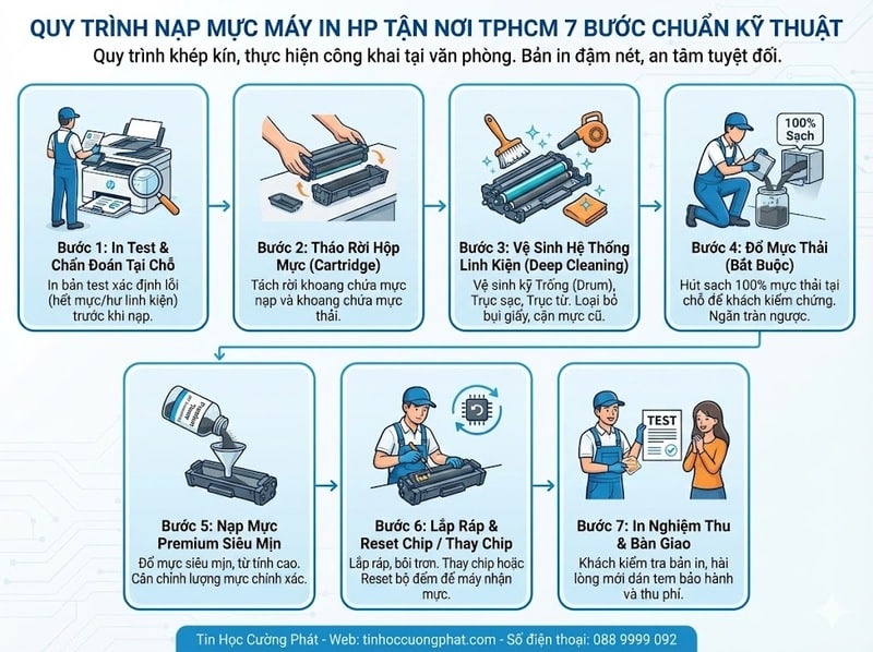Quy trình nạp mực máy in HP tận nơi 7 bước chuẩn kỹ thuật: In test, vệ sinh hệ thống linh kiện, đổ mực thải, nạp mực siêu mịn và reset chip.