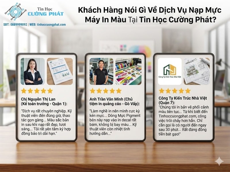 Khách hàng đánh giá 5 sao về dịch vụ nạp mực máy in màu: Chị Lan (Kế toán), Anh Minh (In ấn) và Công ty Kiến Trúc Nhà Việt hài lòng về độ chuẩn màu.
