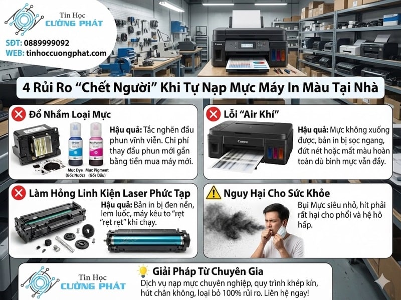 4 rủi ro khi tự nạp mực máy in màu tại nhà: đổ nhầm mực, lỗi air khí, hỏng linh kiện laser và bụi mực hại sức khỏe