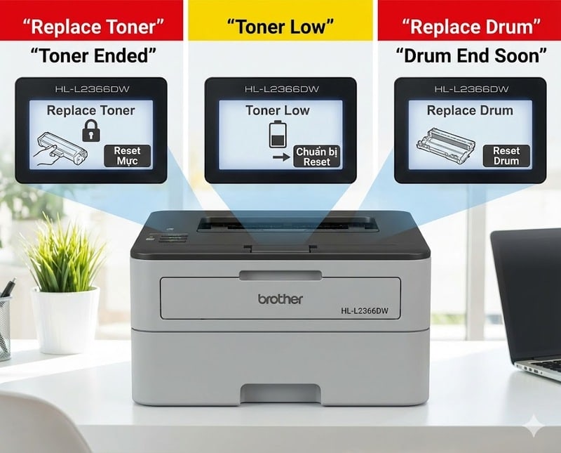 Hình ảnh mô phỏng các thông báo lỗi thường gặp trên màn hình LCD máy in Brother HL-L2366DW như: Replace Toner, Toner Low và Replace Drum