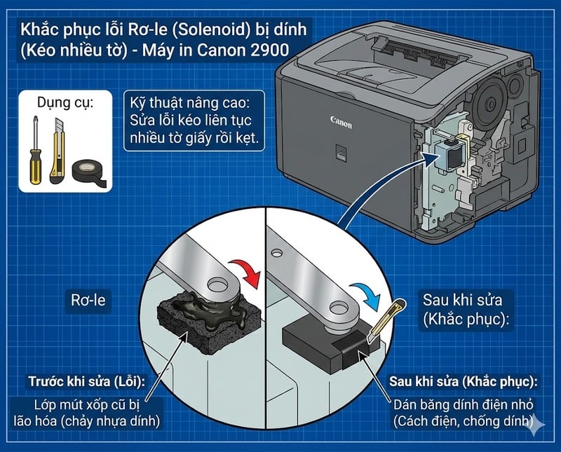 Cách dán băng dính điện sửa lỗi dính rơ-le máy in Canon 2900 kéo giấy liên tục