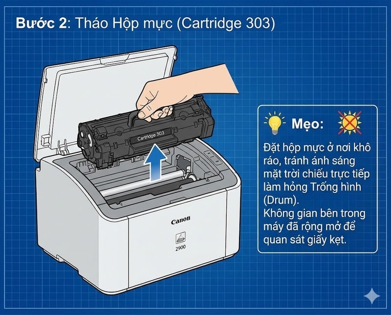 Hướng dẫn tháo hộp mực Cartridge 303 máy in Canon 2900 ra khỏi máy an toàn