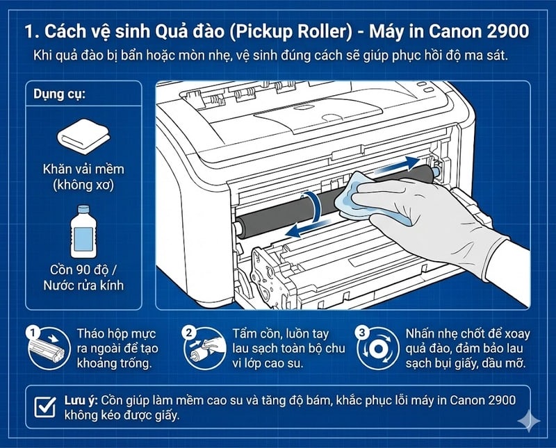 Kỹ thuật vệ sinh quả đào cuốn giấy máy in Canon 2900 bằng cồn 90 độ