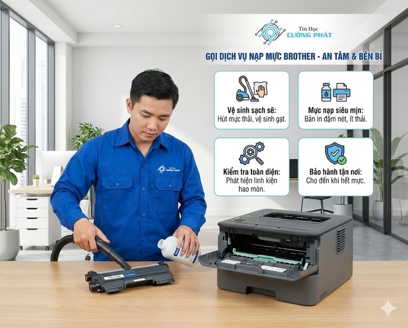 Hình ảnh kỹ thuật viên Tin Học Cường Phát đang vệ sinh và nạp mực máy in Brother, minh họa cho dịch vụ chuyên nghiệp, an tâm và bền bỉ