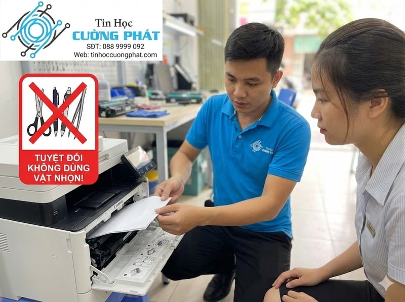 Kỹ thuật viên hướng dẫn cách kéo giấy kẹt an toàn bằng 2 tay, cảnh báo tuyệt đối không dùng vật nhọn chọc ngoáy làm rách bao lụa sấy.