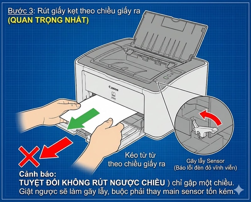 Cách rút giấy kẹt máy in Canon 2900 đúng chiều để không làm gãy Sensor cảm biến