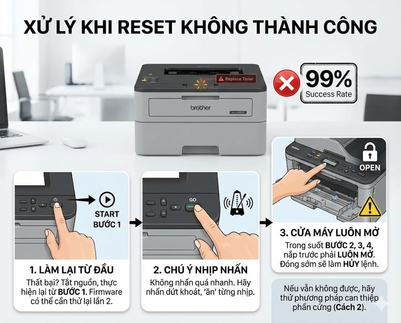 Các lưu ý quan trọng để xử lý khi thao tác reset thất bại: làm lại từ đầu, chú ý nhịp nhấn nút GO và đảm bảo cửa máy luôn mở