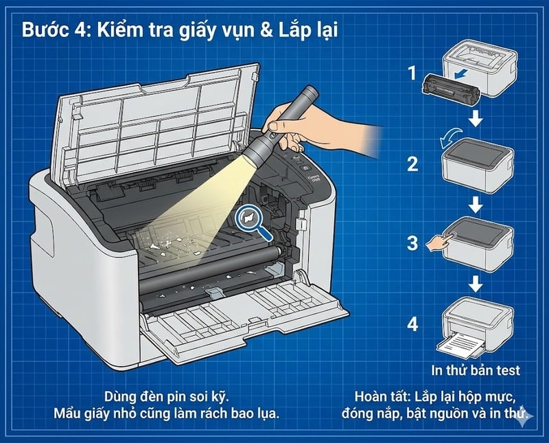 Hướng dẫn soi đèn kiểm tra giấy vụn bên trong máy in Canon 2900