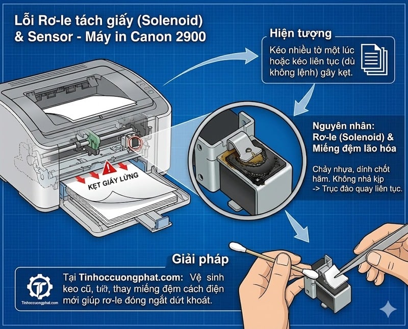 Lỗi rơ-le tách giấy (Solenoid) khiến máy in Canon 2900 kéo liên tục nhiều tờ