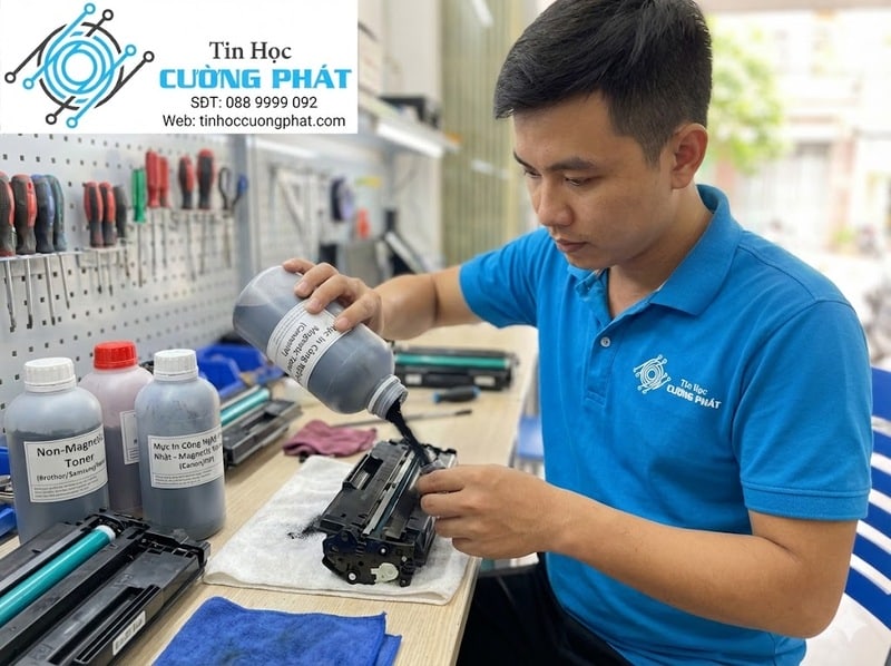 Kỹ thuật viên đang nạp loại mực in siêu mịn, tương thích chính xác với dòng máy in Canon/HP để đảm bảo chất lượng tốt nhất.