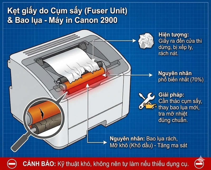Nguyên nhân máy in Canon 2900 kẹt giấy do rách bao lụa và khô mỡ cụm sấy