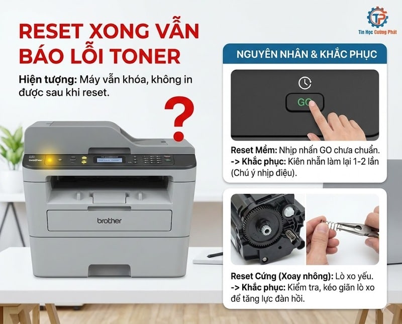 Phân tích nguyên nhân máy in vẫn báo lỗi Toner dù đã reset (do thao tác sai hoặc lò xo nhông yếu) và cách khắc phục