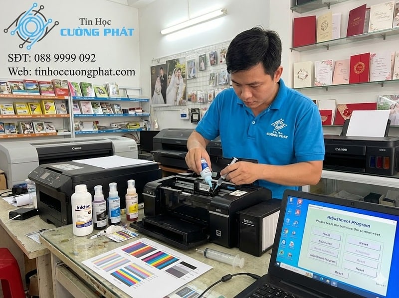 Kỹ thuật viên đang sử dụng dung dịch chuyên dụng để thông tắc, vệ sinh đầu phun máy in màu Epson L805 bị nghẹt mực.