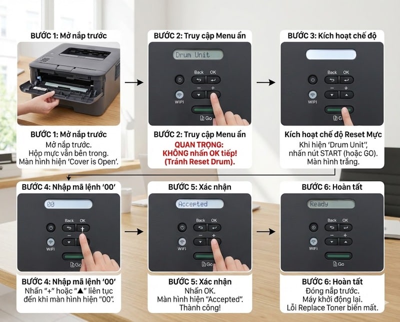 Hướng dẫn từng bước trên màn hình LCD để thực hiện reset mực (Toner) và cụm trống (Drum) cho máy in Brother HL-L2366DW