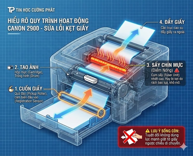 Sơ đồ minh họa đường đi của giấy và các bộ phận trong máy in Canon 2900 - Tin Học Cường Phát