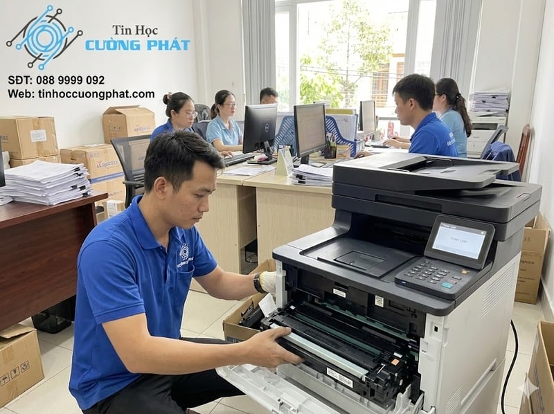 Kỹ thuật viên chuyên nghiệp đang tập trung sửa chữa, thay thế linh kiện cho máy in laser văn phòng bị hỏng.