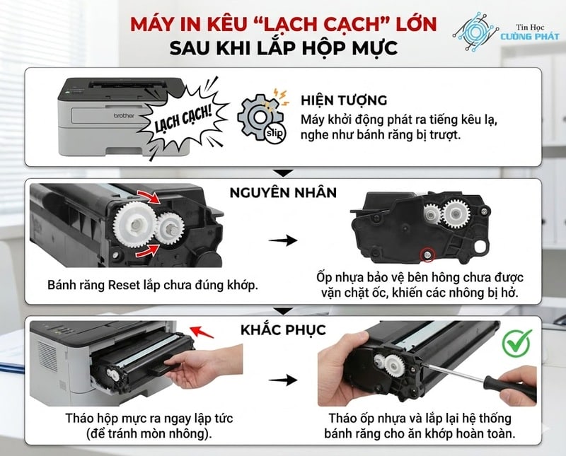 Hướng dẫn nguyên nhân và cách khắc phục tiếng kêu "lạch cạch" lớn do bánh răng hộp mực lắp không khớp hoặc ốp bảo vệ bị lỏng