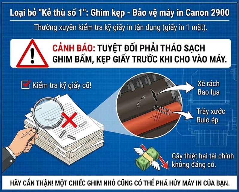 Tác hại của ghim bấm và kẹp giấy làm rách bao lụa máy in Canon 2900