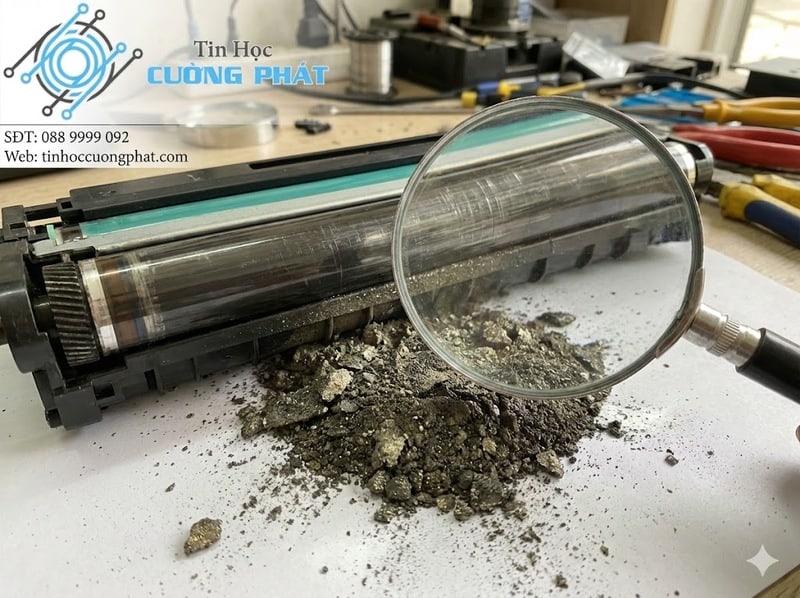 Hình ảnh soi kính lúp cho thấy các hạt mực in giá rẻ thô ráp, lẫn tạp chất kim loại gây hại cho máy in