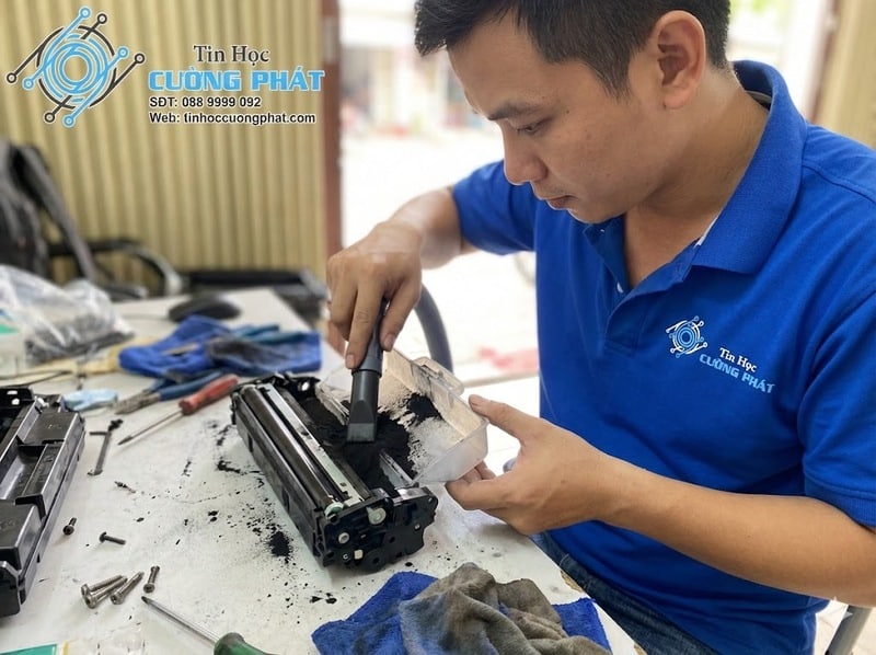 Quy trình vệ sinh kỹ lưỡng, dùng máy hút sạch mực thải và bụi giấy trong hộp mực để đảm bảo máy hoạt động bền bỉ.